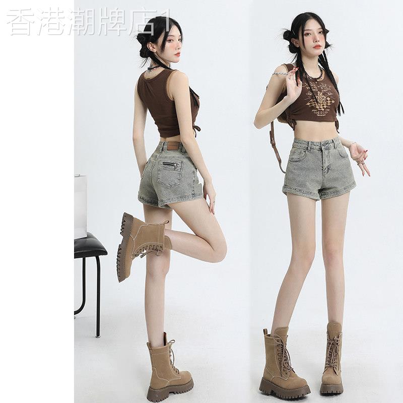覆古紧身牛仔短裤女辣妹a字直筒宽裤子夏季薄款高腰显瘦小个子