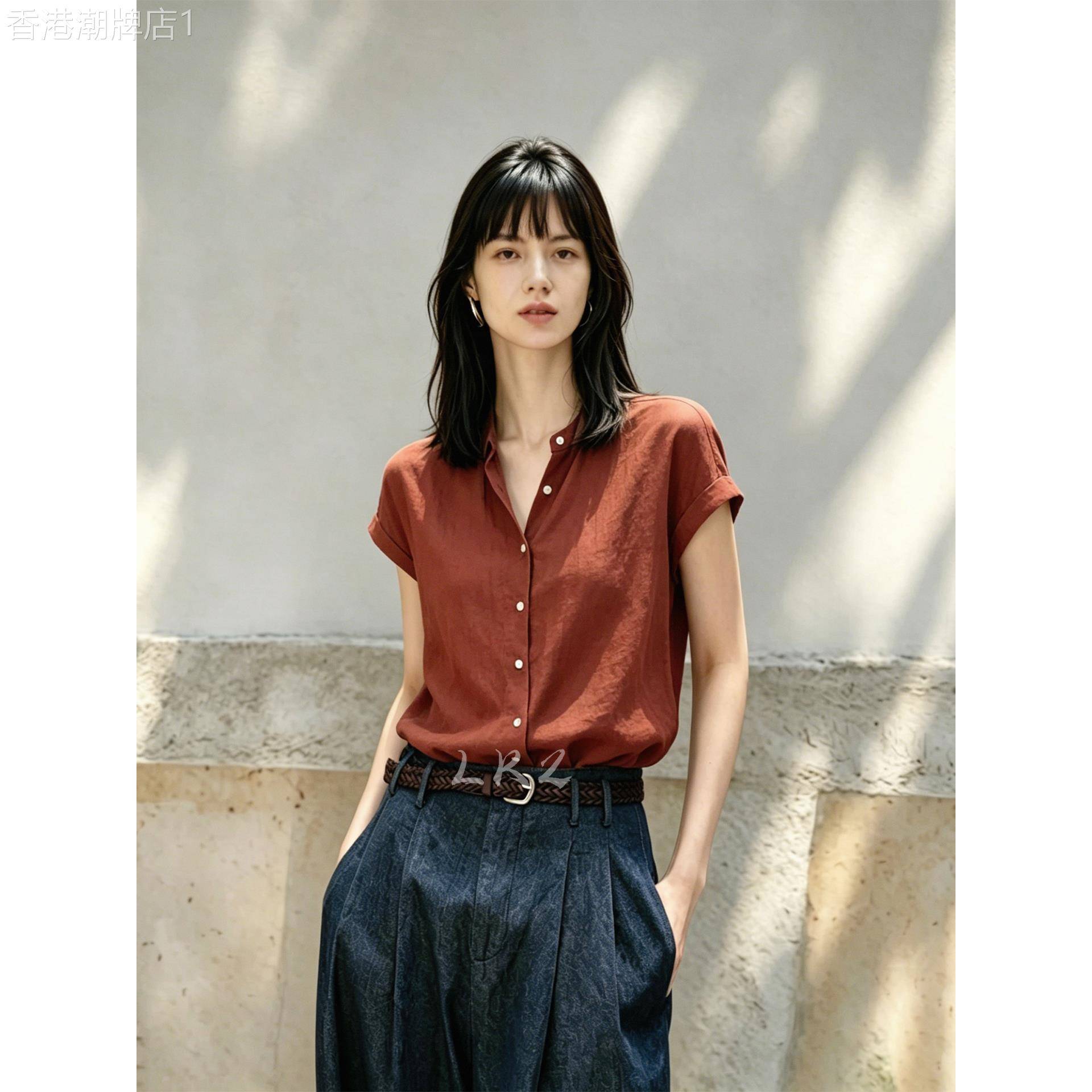 欧货翻领单排扣卷袖砖红色衬衫女夏季新款时尚休闲风纯色短袖上衣