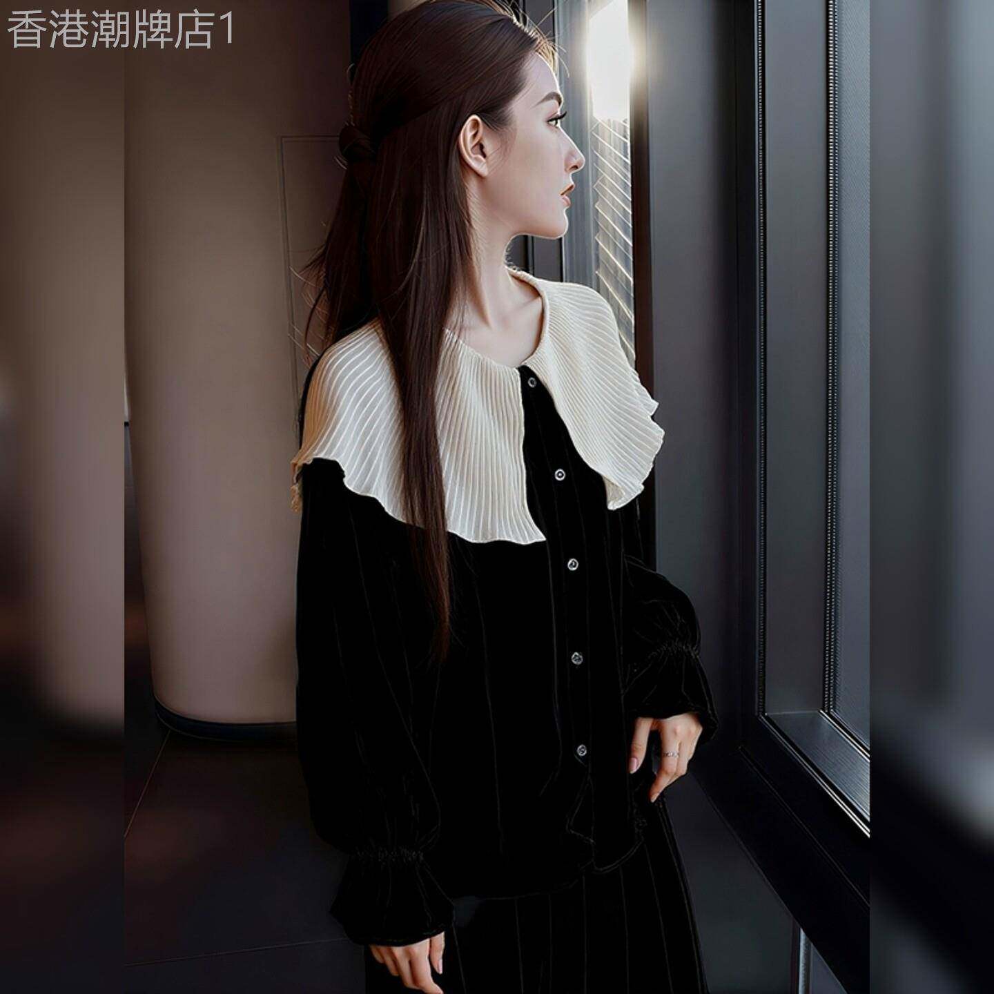 高级感法式黑色娃娃领衬衫女春季洋派小众减龄翻领荷叶边丝绒上衣