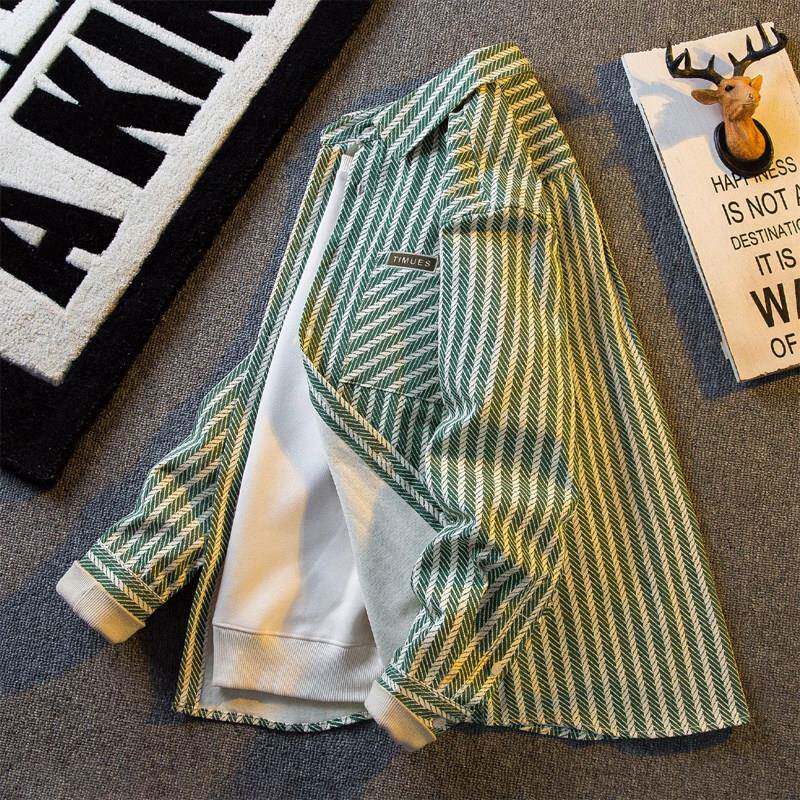 潮牌条纹衬衫男士秋季2024新款纯棉复古长袖衬衣男款痞帅休闲外套