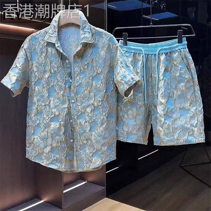 高端运动休闲套装男士浮雕烫金花衬衫短袖短裤夏装穿搭一整套时尚