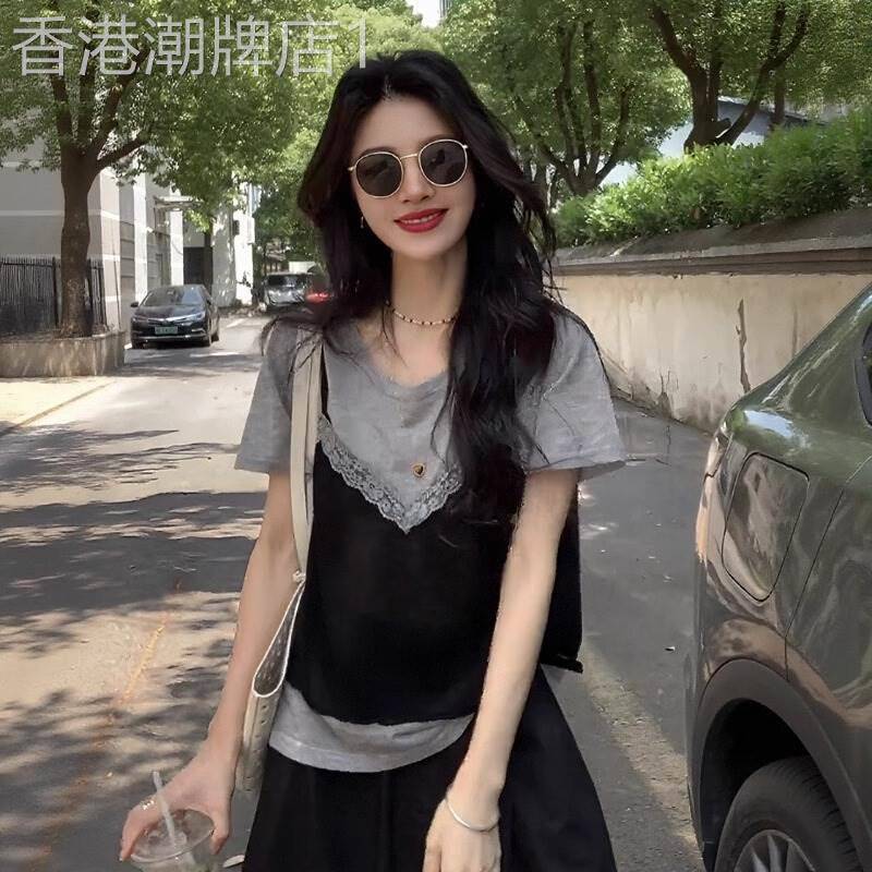 假两件短袖t恤女夏季2026年新款设计感小众时尚减龄拼接吊带上衣
