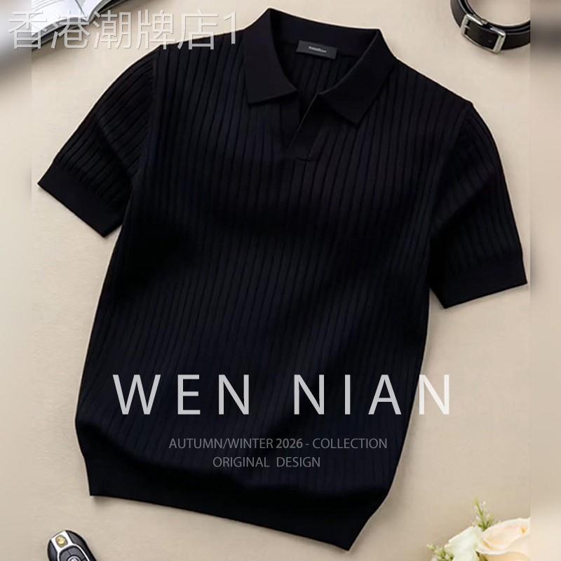 韩国WEN NIAN老钱风V领polo衫男款2026夏季黑色粗条纹针织短袖t恤