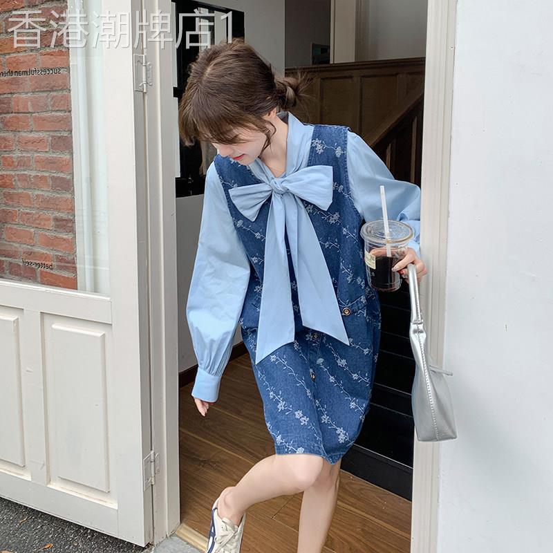 蝴蝶结系带衬衫牛仔提花背心裙连衣裙2025新款春季减龄百搭两件套