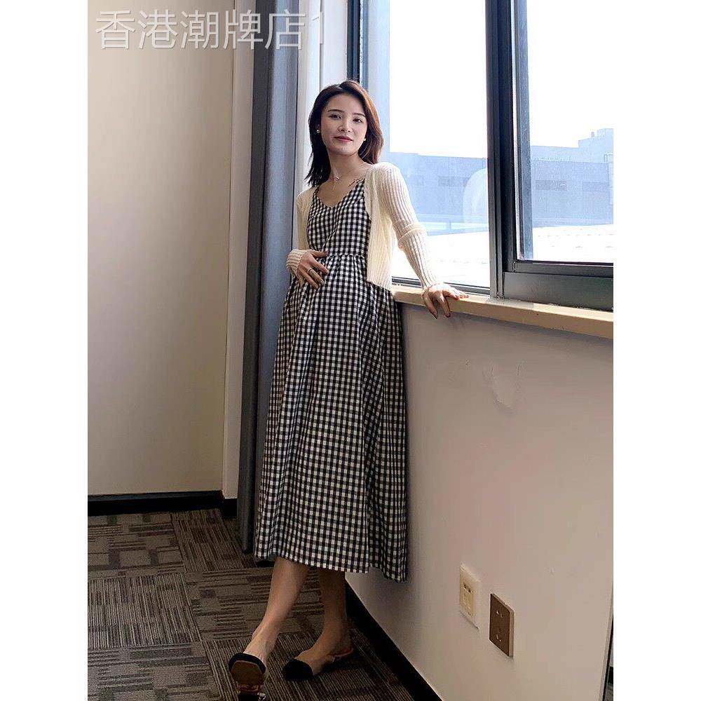 孕妇夏装连衣裙2025新款时尚气质开衫外套搭格子吊带长裙两件套
