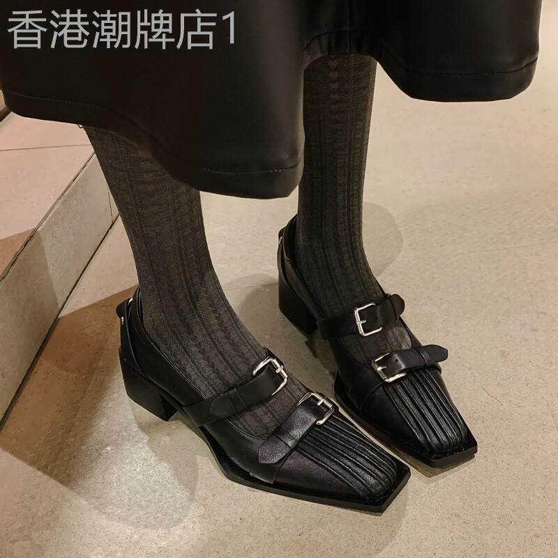 叛逆少女！暗黑甜酷玛丽珍鞋皮带扣枪色单鞋小众朋克贝壳头小皮鞋