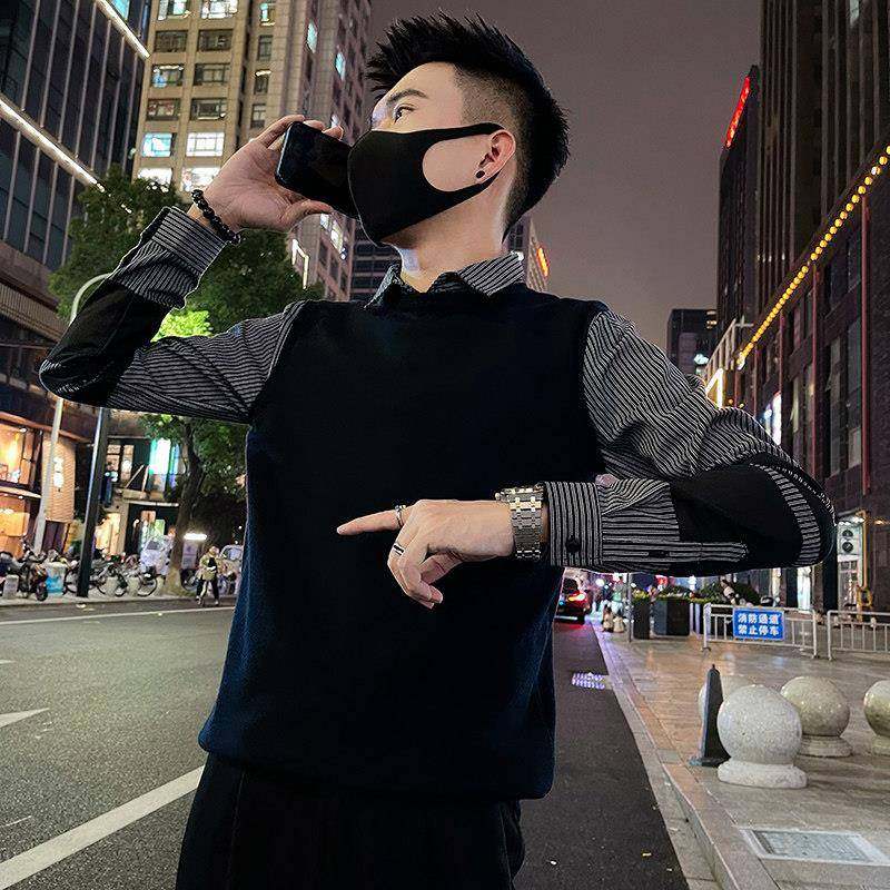 潮牌高级感假两件针织衫男士秋冬内搭打底衫韩版百搭条纹长袖衬衫