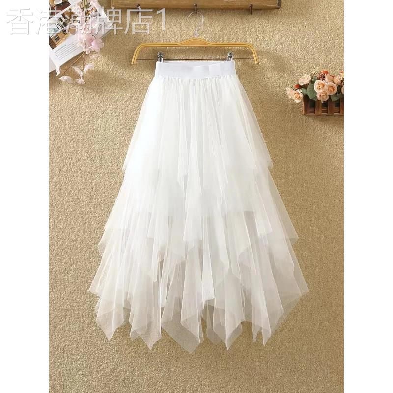 白色韩版高腰网纱半身裙女夏季欧货不规则多层蓬蓬裙显瘦百搭裙子