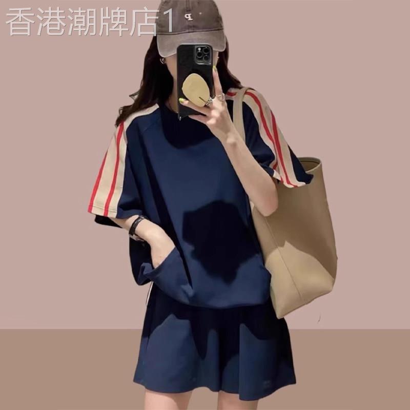 潮牌胖mm大尺码宽松时尚潮流休闲 短袖撞色条纹套装女士2025新款