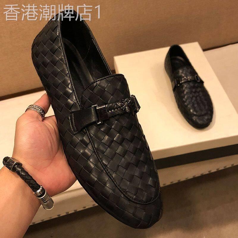 IT ins潮牌休闲皮鞋男士商务白色编织马衔扣驾车一脚蹬懒人套脚鞋