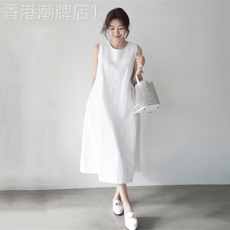 潮牌韩版新款棉麻无袖背心洋装女夏季宽松显瘦亚麻文艺过膝长裙