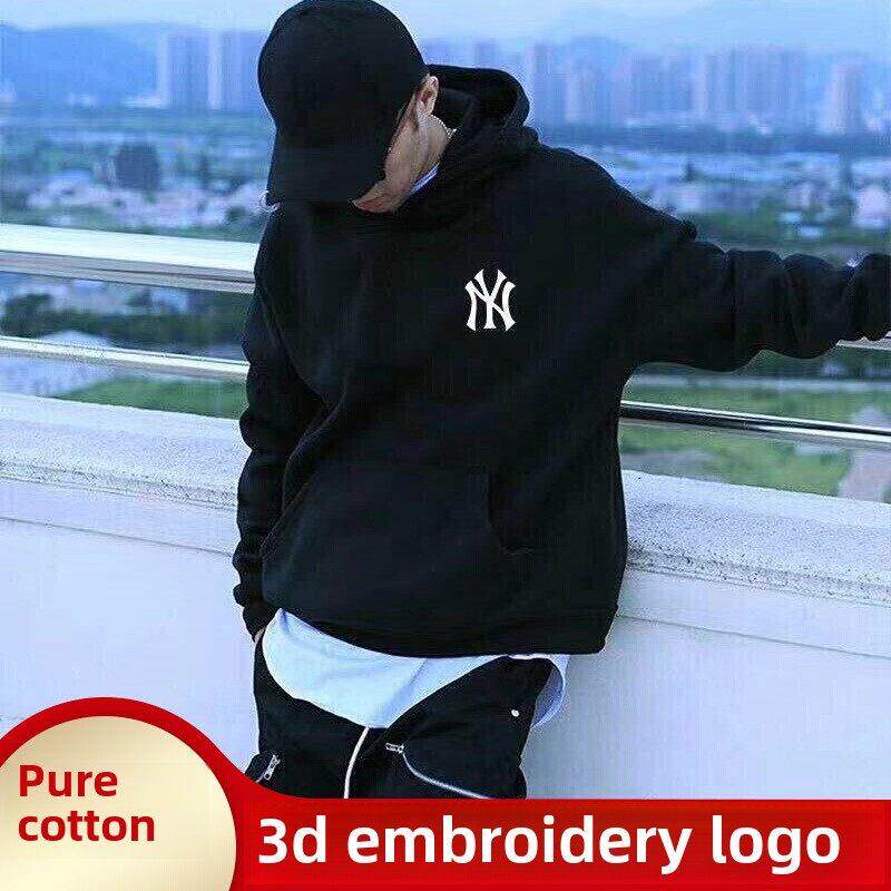 高端连帽卫衣男春秋新款加厚黑色NY印花纯棉宽松大码男士长袖t恤