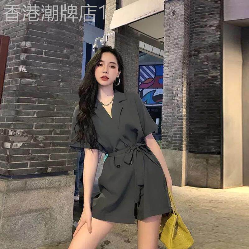 黑色工装连体裤女高腰显瘦2025夏季气质小个子雪纺西装短裤连衣裤
