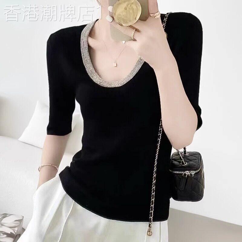 潮牌短袖t恤女装2026夏季新款打底小衫时尚休闲拼色低领针织上衣