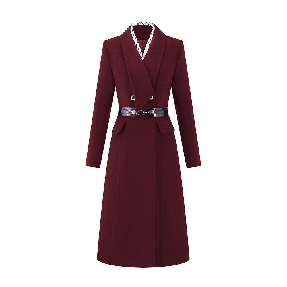 高档轻奢红色职业羊毛呢大衣女士冬季款时尚气质西装v领呢子外套