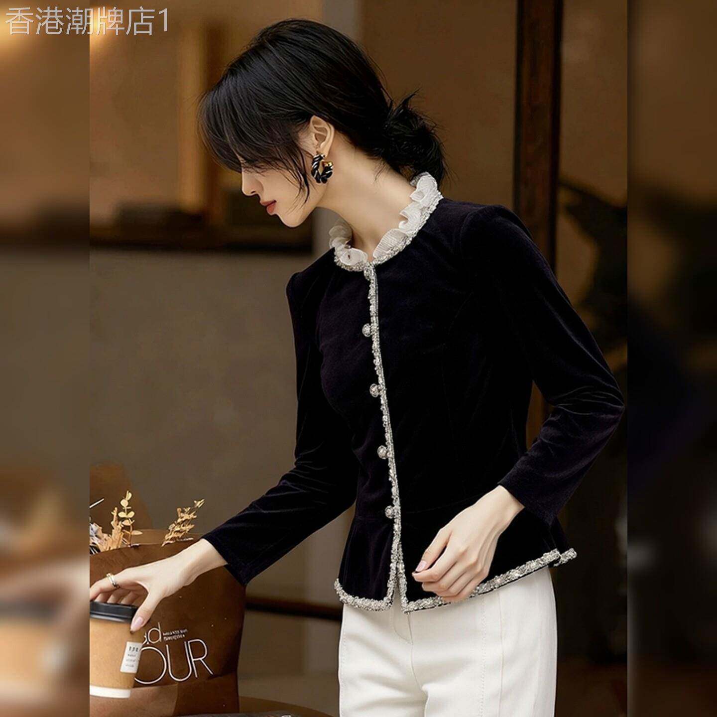 法式小香风木耳边丝绒衬衫女2026春季新款高级感轻奢减龄黑色上衣