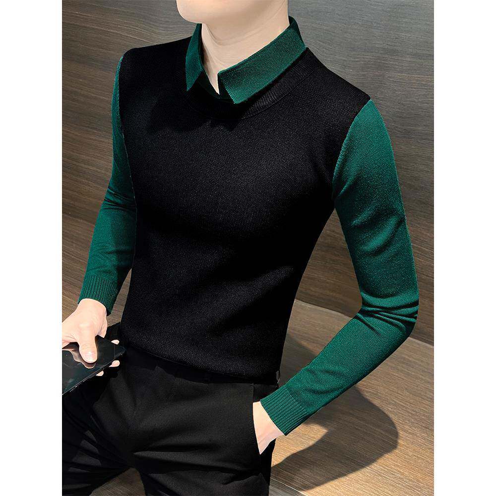 TWG假两件毛衣男秋冬季2025新款男装衬衫领针织衫内搭打底衫上衣