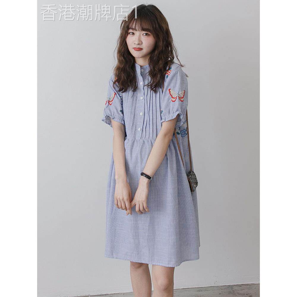 夏季韩版条纹刺绣棉麻孕妇连衣裙 哺乳适用休闲中长款
