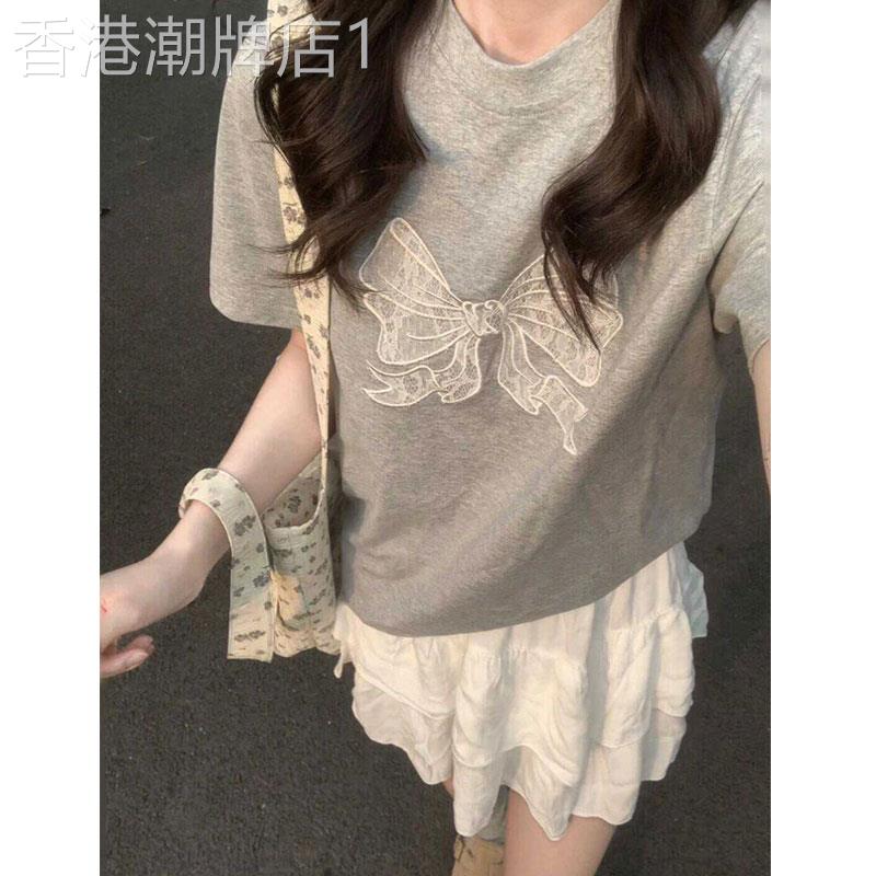 灰色正肩短袖t恤女夏薄款宽松显瘦蝴蝶结刺绣设计感纯棉半袖上衣