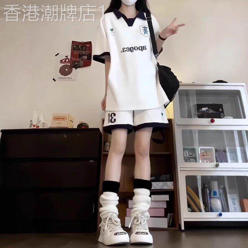 韩国Uamtor学院风女童套装夏季新款大童短袖POLO衫短裤运动两件套