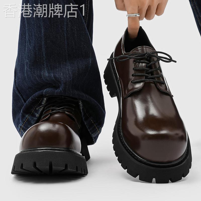 【高品质】德比鞋男真皮棕色厚底增高大头鞋翘头通勤工装休闲皮鞋