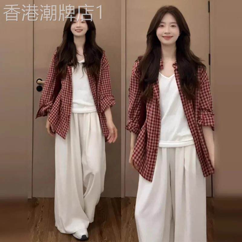 慵懒风红色格子长袖衬衫女装宽松显瘦开衫时尚百搭上衣高级感