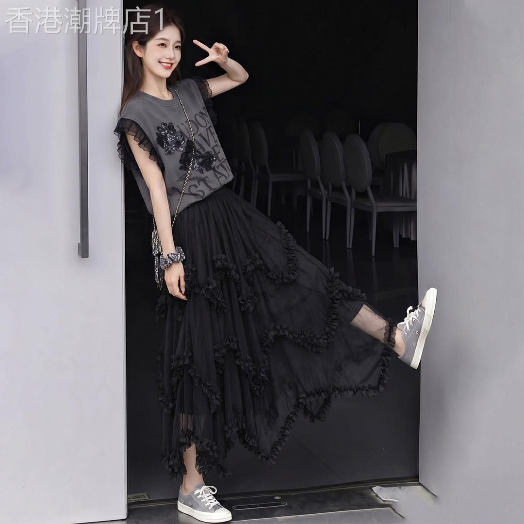 法式灰色印花T恤半身裙两件套女夏2026新款设计感超好看气质套装