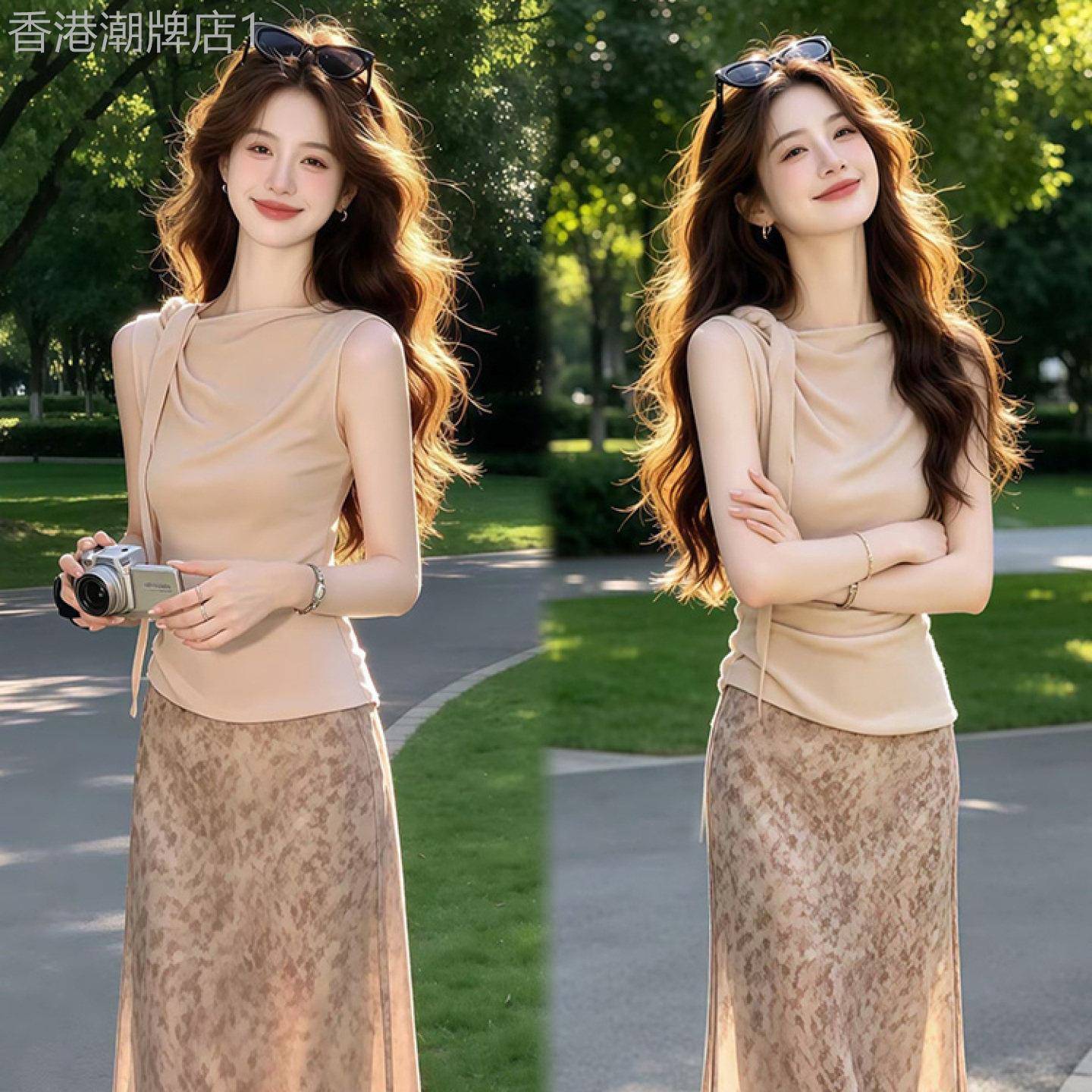 Fashion Master时尚大师新款设计感绑带无袖上衣搭显瘦碎花半裙夏