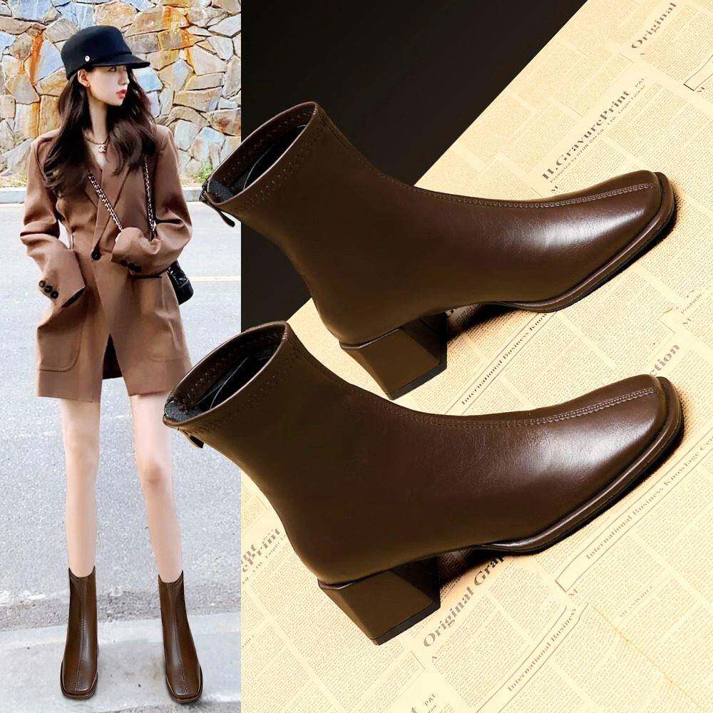 英伦风真皮马丁靴女2025秋冬季新款瘦瘦短筒单靴方头粗跟法式短靴