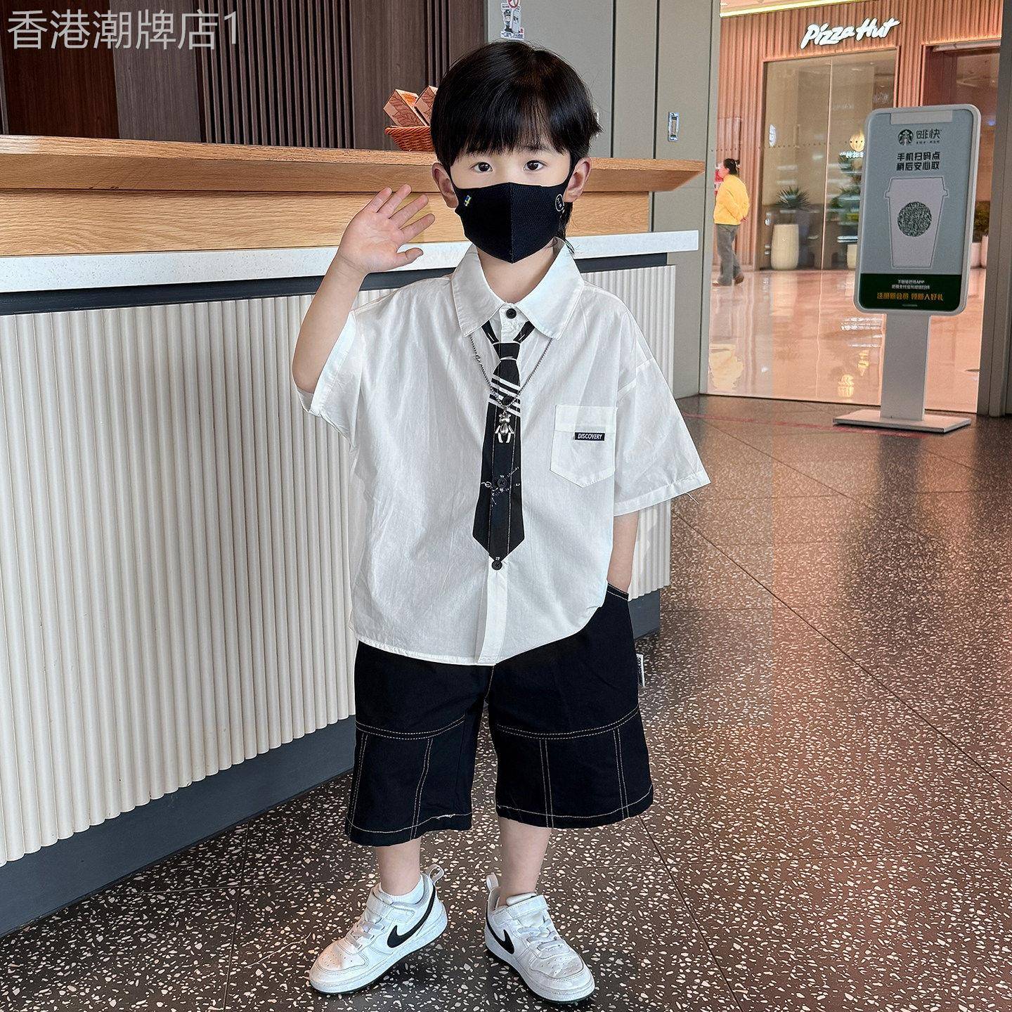韩国洋派男童夏季薄款套装2026新款儿童学院风短袖衬衫幼儿夏季服