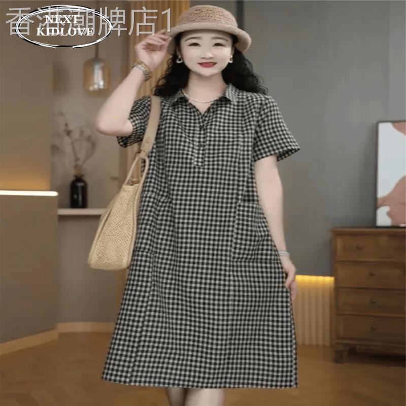 香港欧货2026夏款格子带兜休闲短袖连衣裙减龄大码A字衬衫裙t恤裙