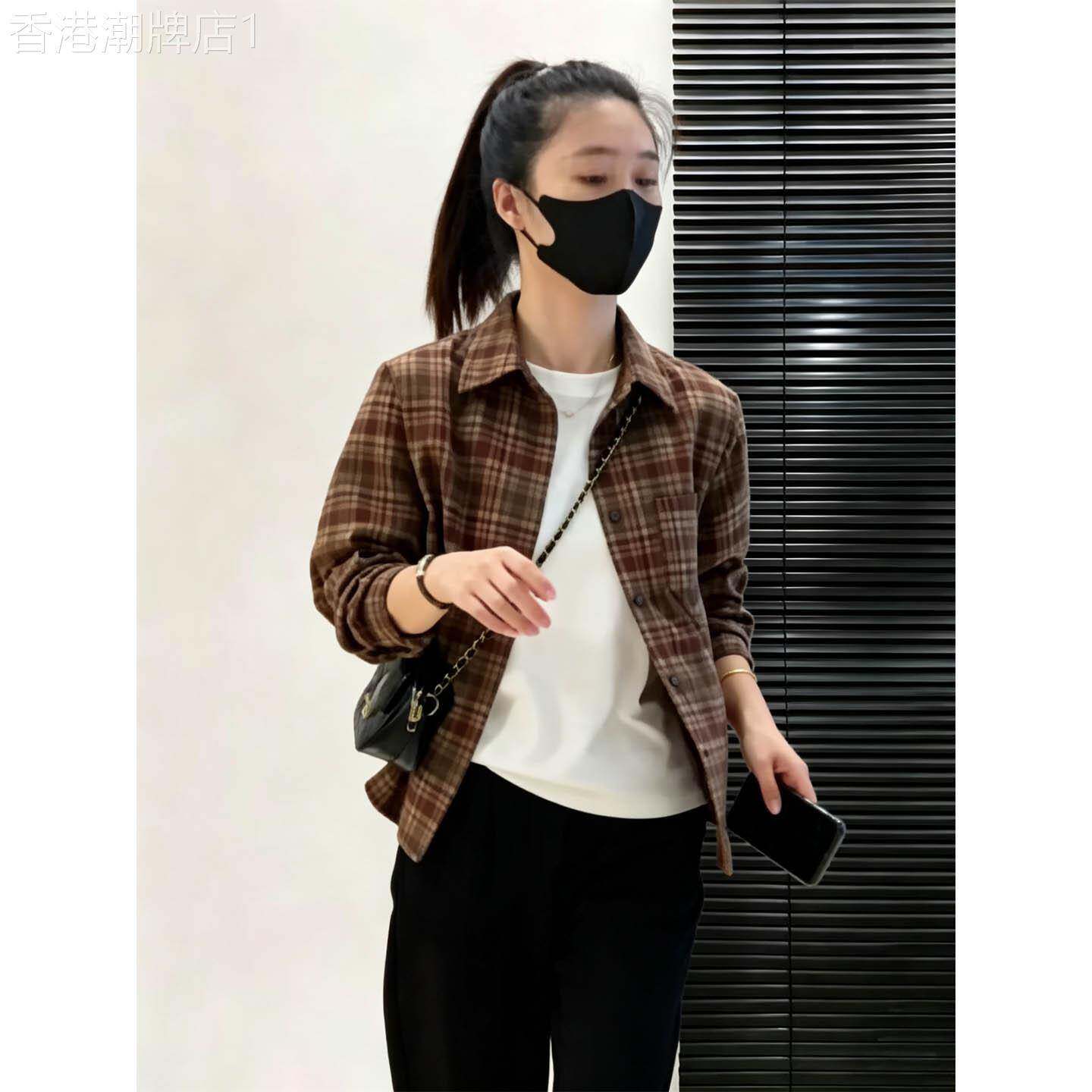 红色格子翻领长袖衬衫女春秋欧货复古磨毛宽松显瘦衬衣短款上衣