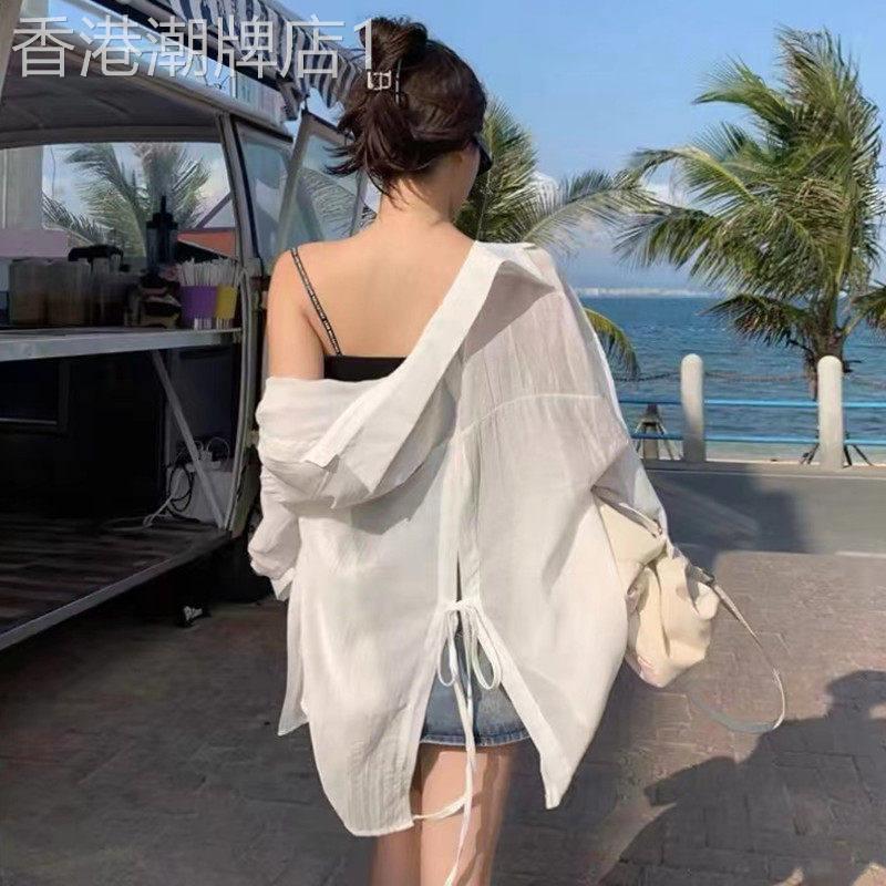 春夏薄款防晒衬衫外套女设计感小众后背开叉绑带法式别致衬衫上衣