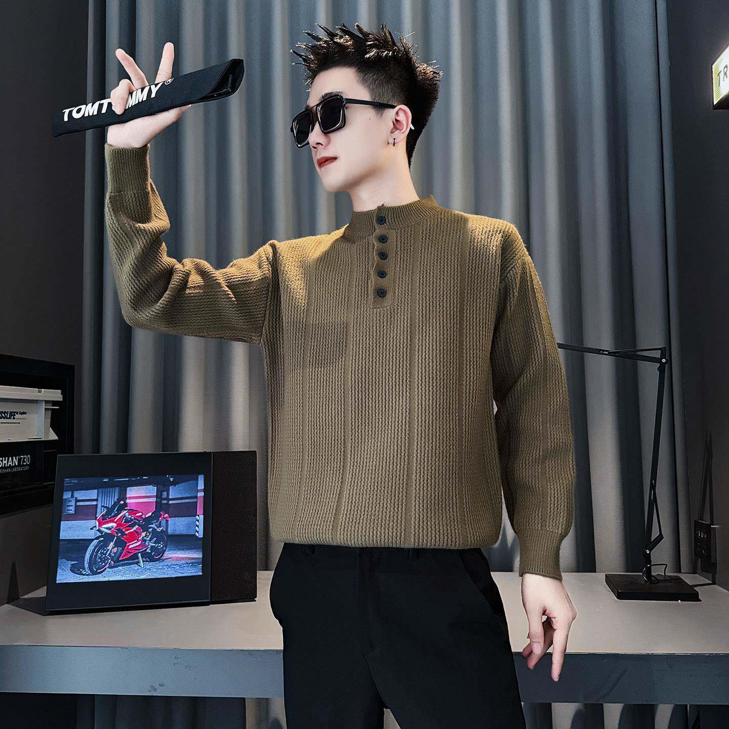 潮牌高级感半高领保暖毛衣男士秋冬季高端休闲内搭加厚针织打底衫