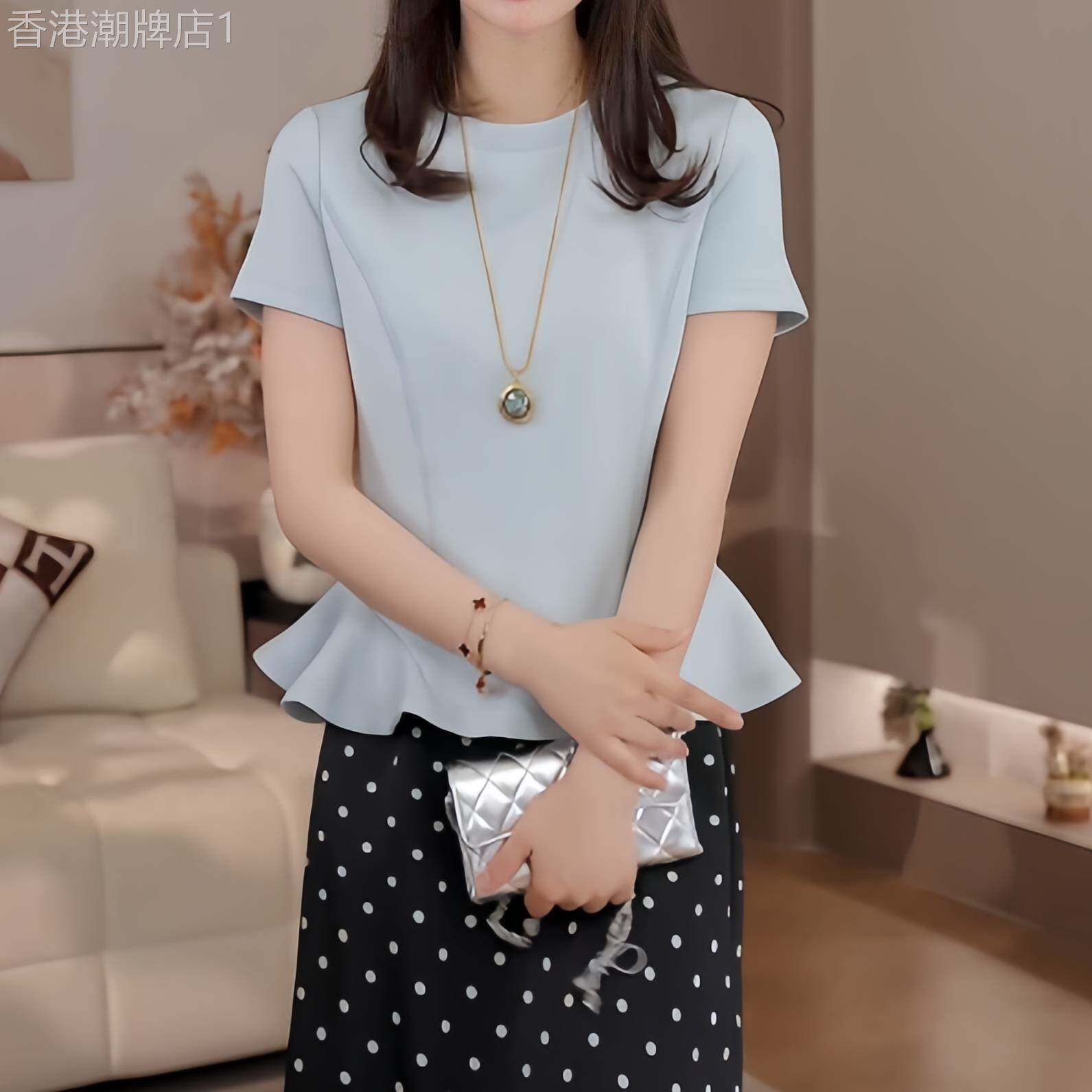 正肩短袖t恤女夏季薄款2026新款收腰荷叶边时尚显瘦气质T恤上衣
