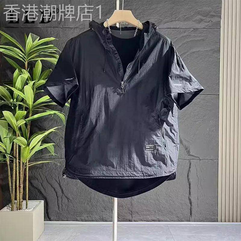 连帽短袖T恤男士夏季薄款潮牌痞帅宽松工装速干休闲外穿防晒上衣