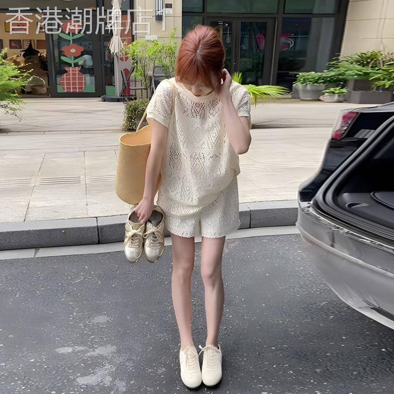 大尺码套装女2026年春季新款欧货蕾丝钩花短袖T恤短裤时尚两件套