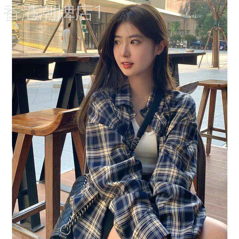 休闲穿搭蓝色格子衬衫女慵懒风覆古宽松衬衫外套防晒时尚百搭上衣