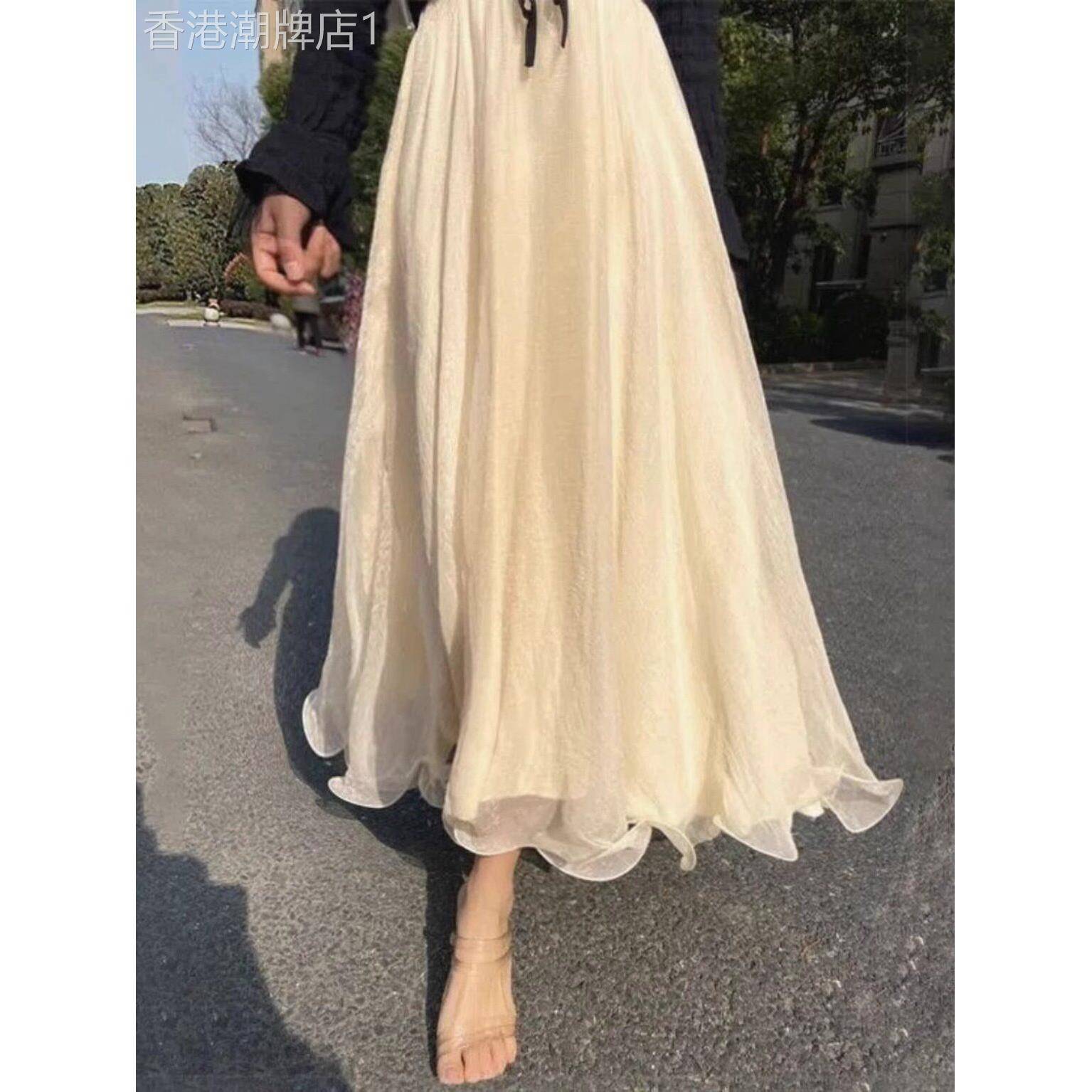金丝雪纺半身裙女2025春秋新款显瘦仙女纱裙高腰A字花边大摆长裙
