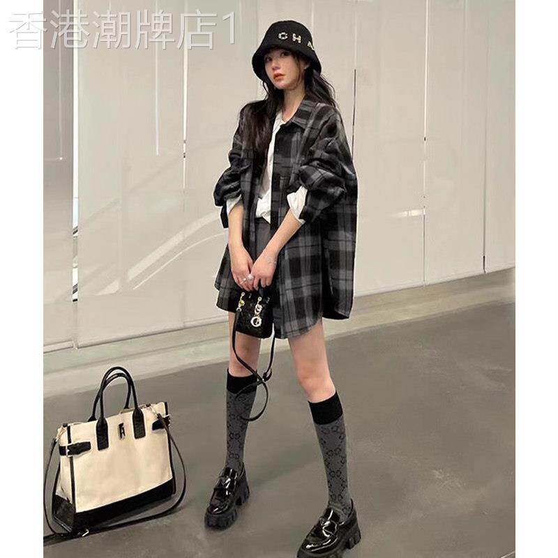 加厚磨毛格子衬衫外套女春秋新款欧货宽松中长款外搭长袖开衫上衣