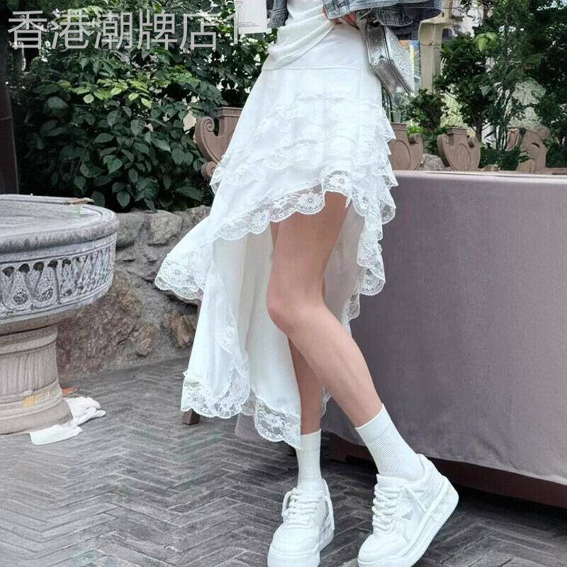 潮牌不规则蕾丝花边半身裙女2026春夏法式设计感松紧腰开叉中长裙