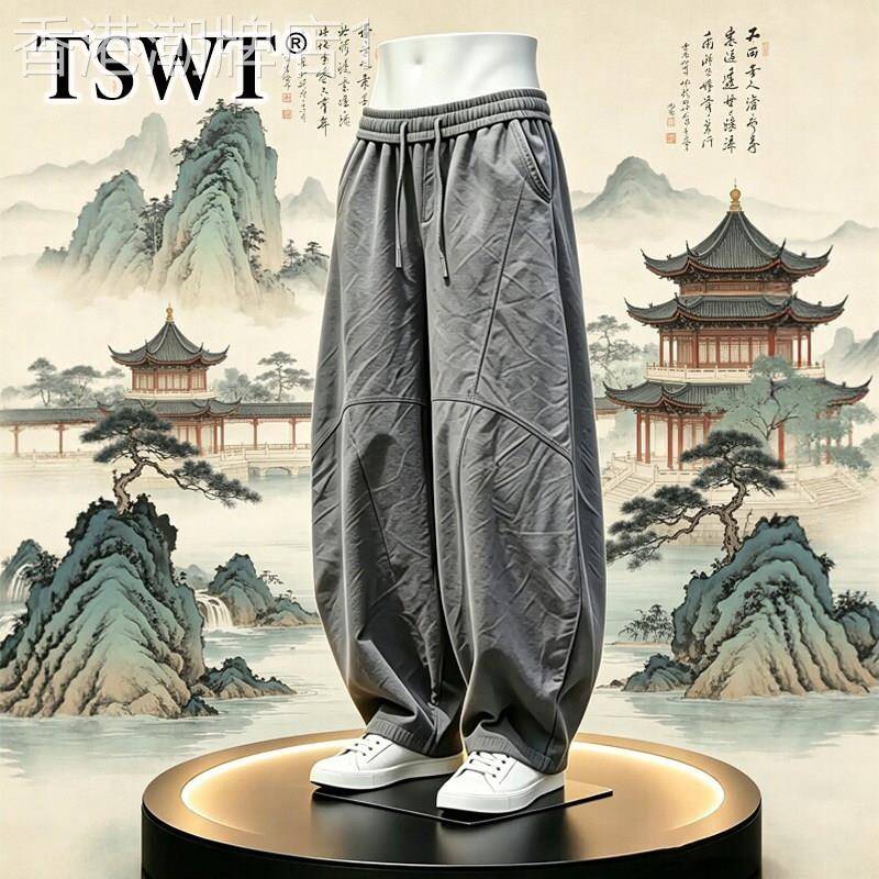 高端棉麻弯刀休闲裤男款夏季薄款2026新款透气垂感宽松阔腿灯笼裤