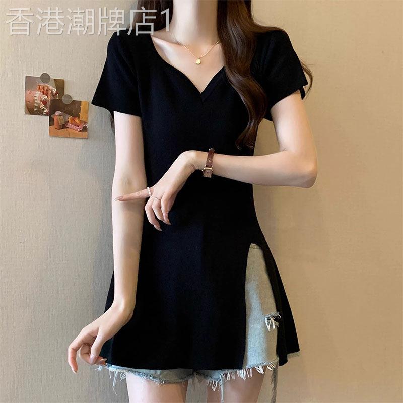 黑色正肩V领短袖T恤女夏中长版遮屁股大尺码胖mm修身显瘦侧开 叉
