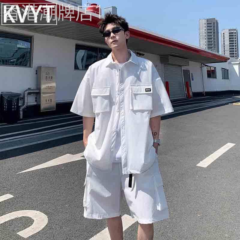 速干运动休闲套装男款夏季美式复古工装短袖衬衫短裤穿搭一整套潮