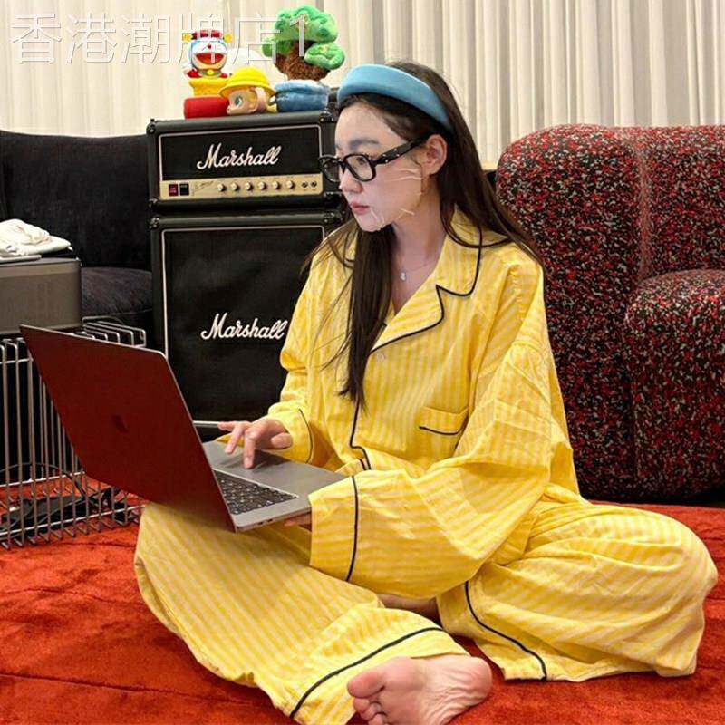 潮牌小马刺绣黄色条纹睡衣女士春秋新款纯棉长袖长裤家居服套装