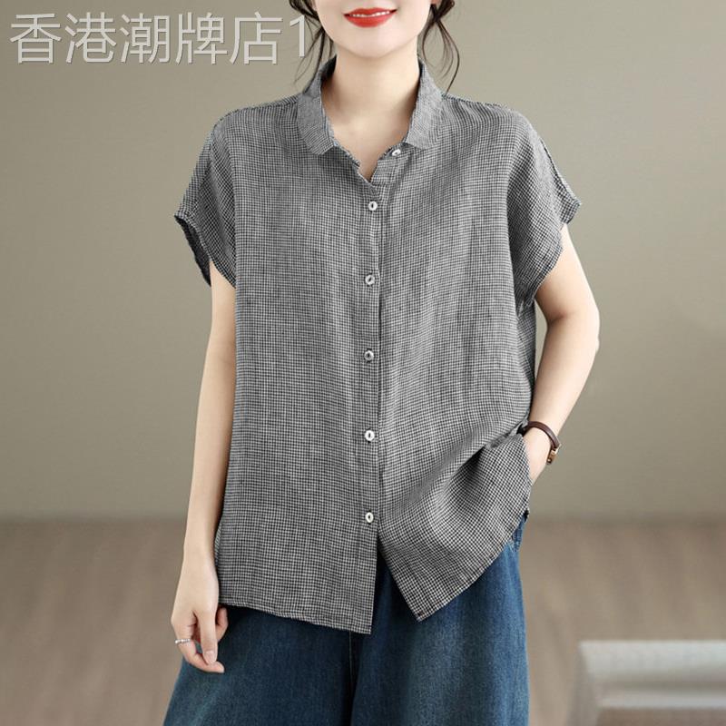 潮牌复古格子娃娃领棉麻衬衫女夏季新款妈妈气质通勤休闲亚麻上衣