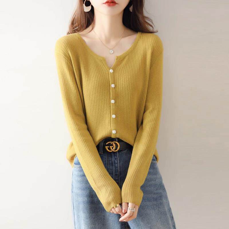 羊毛针织开衫女春秋2025新款宽松显瘦百搭半开领纯色长袖薄款外套