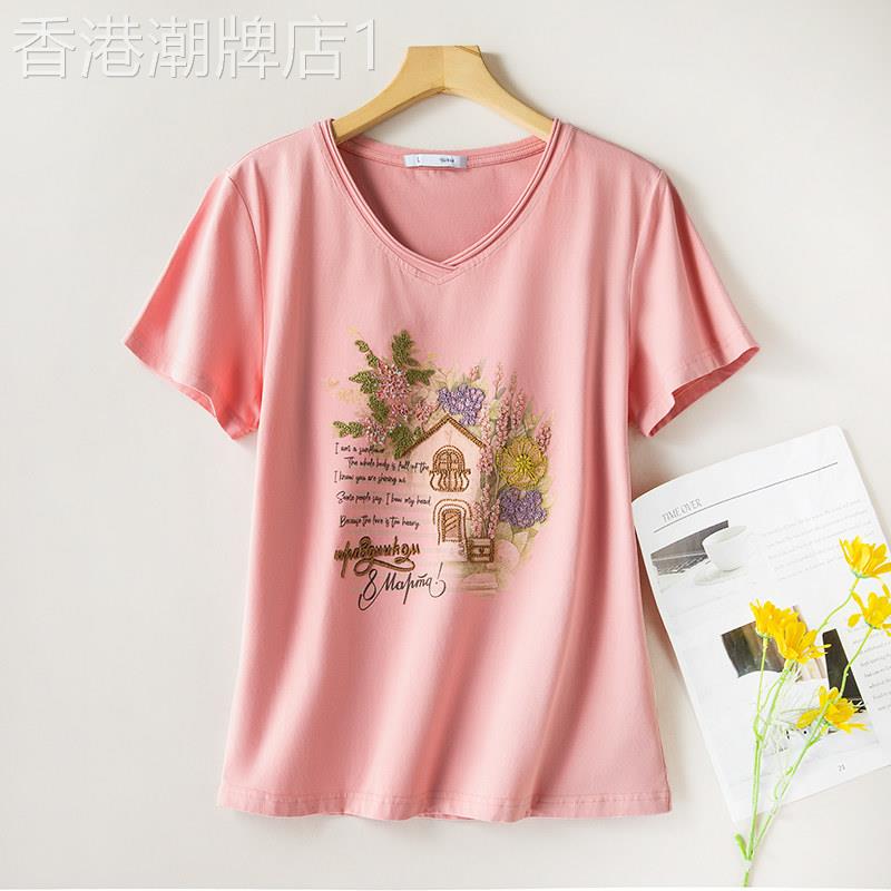 刺绣短袖t恤女士夏装2026新款大尺码遮肚减龄T恤宽松妈妈洋派上衣