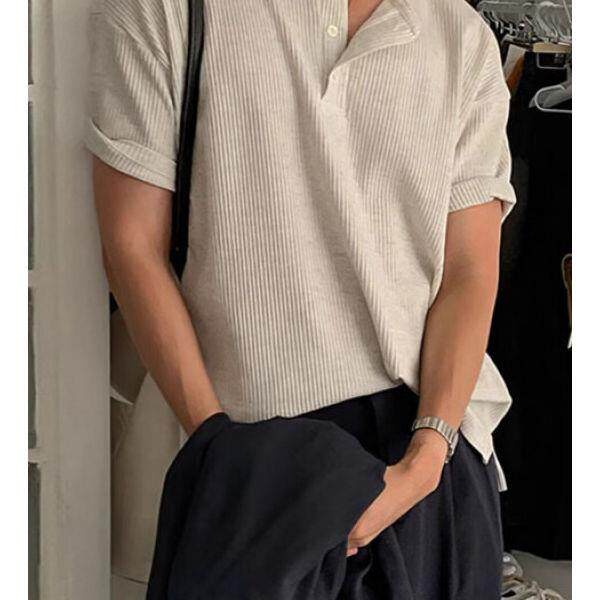 潮牌灰色老钱风亨利领短袖夏季肌理感条纹重磅T恤男宽松美式半袖