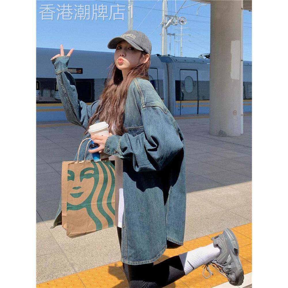 港风覆古牛仔衬衫外套女春秋新款大尺码胖妹妹宽松中长版小众上衣